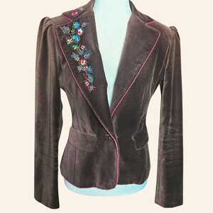 Vintage Moda Int'l Brown Velvet Embroidered Blazer Floral Pink Stitching Size 4